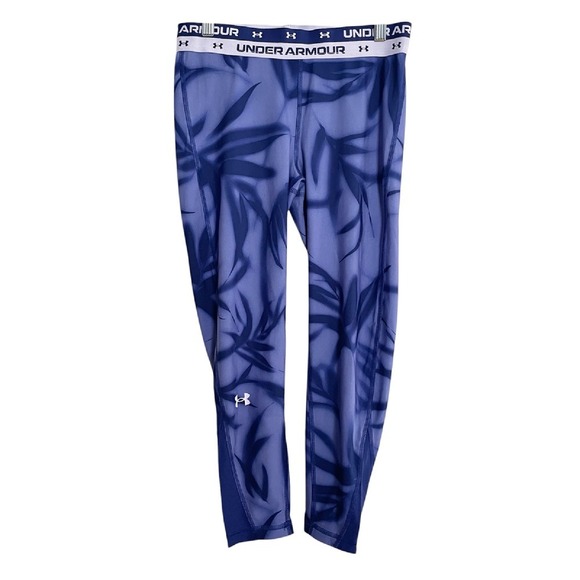 Under Armour Athletic Leggings Blue Leaf Print Activewear YLG Sports‎ Active UA - Picture 1 of 7